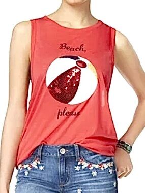 Freeze Red Graphic Sequened Beach Ball Sleeveless Tank Top